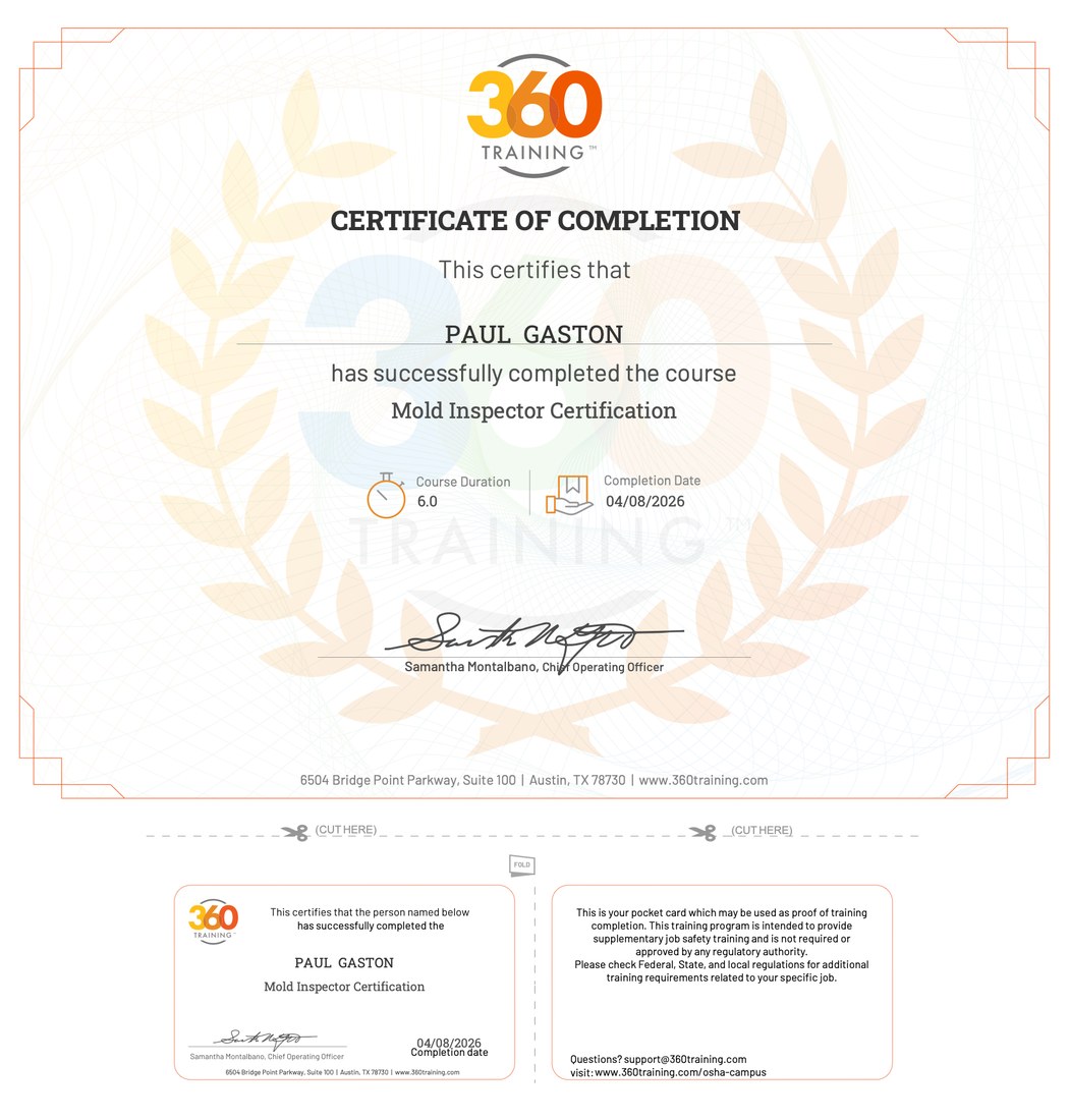 Mold Inspector Certification certificate