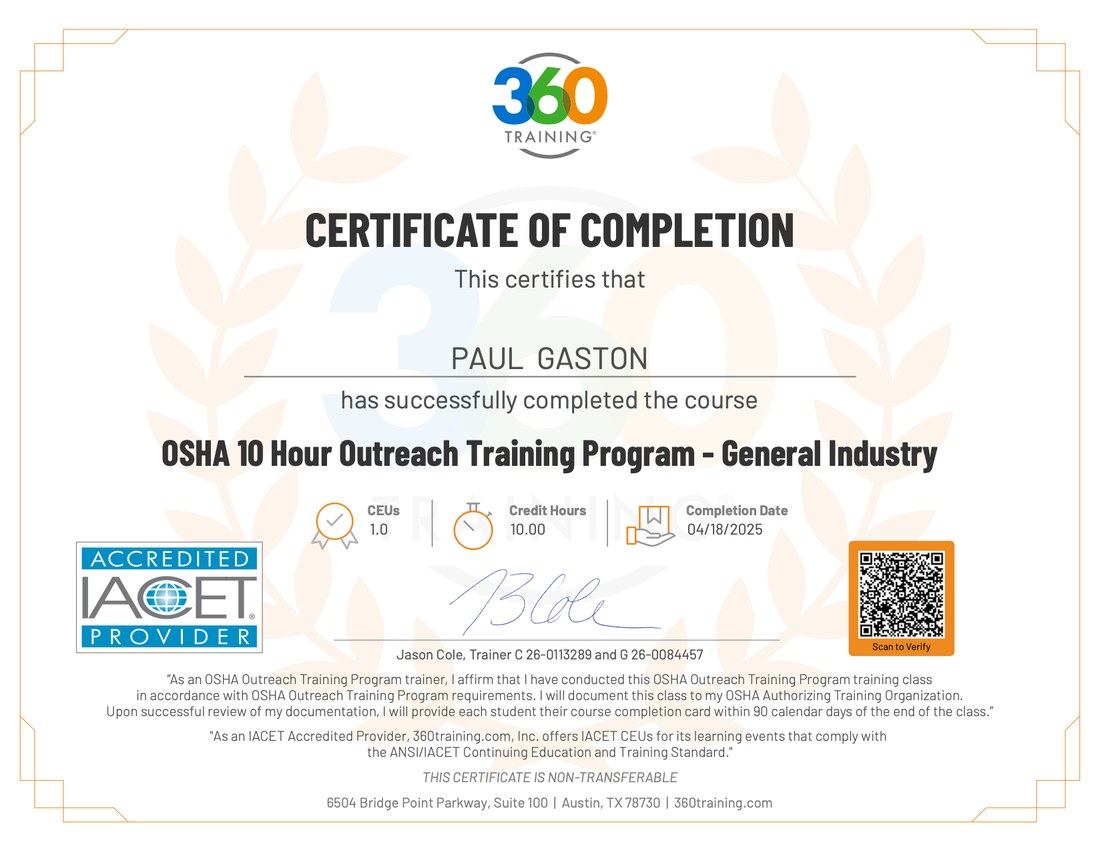 OSHA 10-Hour Outreach, General Industry certificate