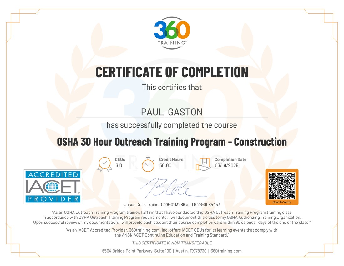 OSHA 30-Hour Outreach, Construction certificate