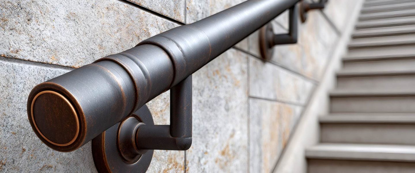 Code Compliance Metal handrail along stone stairs, a building code compliance condition