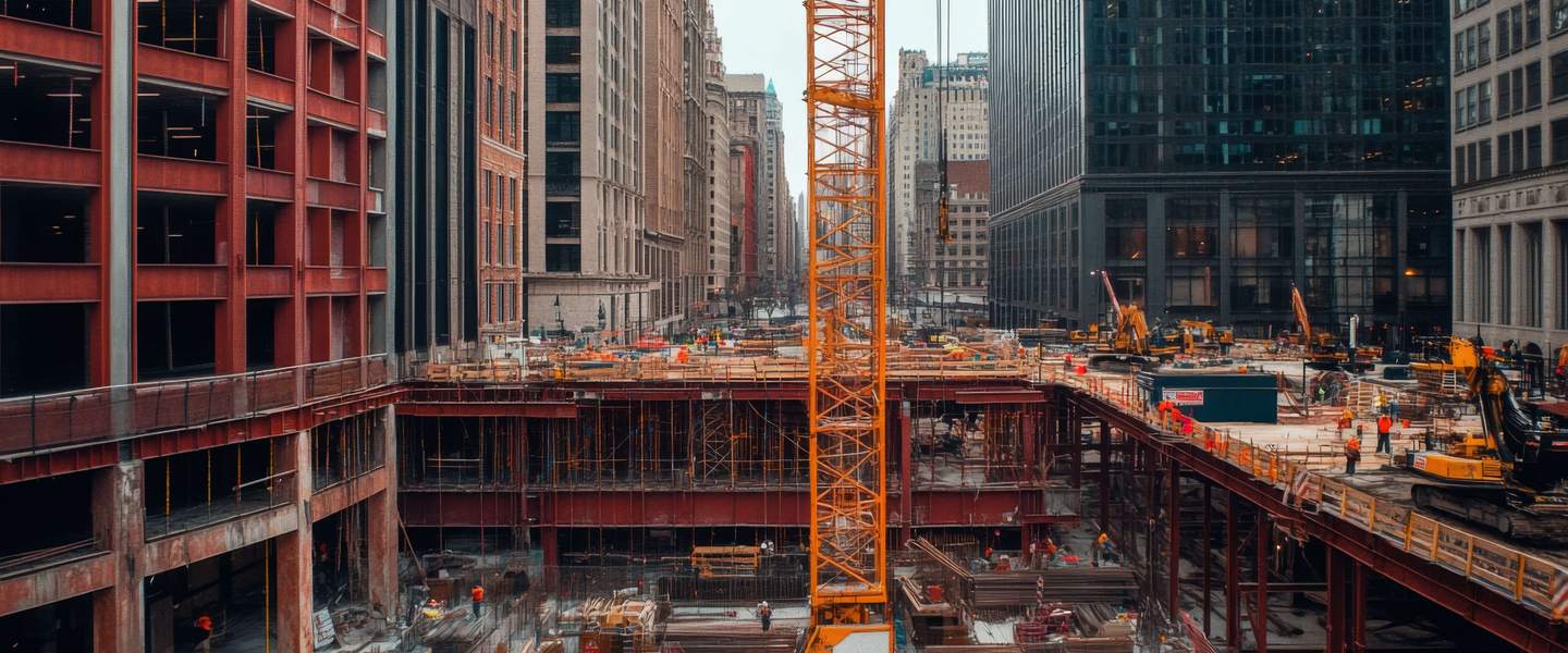 Standard of Care Downtown Chicago construction site with a crane and workers